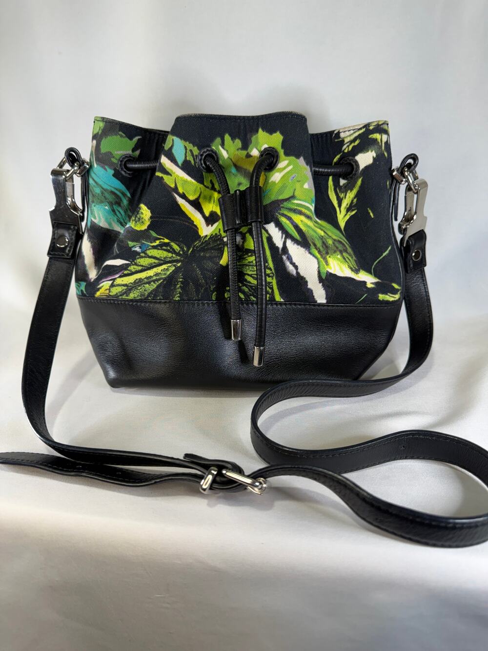 Proenza Schouler Bucket Bag Floral Canvas Black Leather Crossbody Authentic